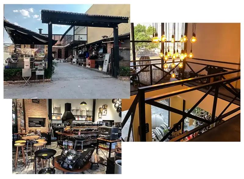 Colagem da loja Casa João de Barro em Barueri: fachada, mezanino e balcão